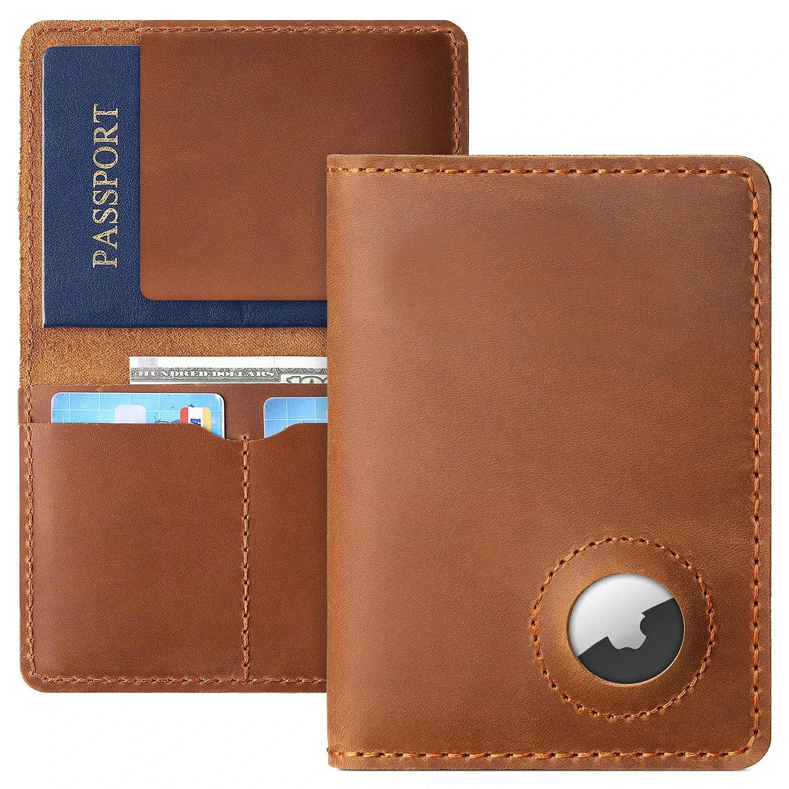 New Airtag Passport Holder Cover Vintage Full Grain Leather Handmade RFID Blocking Wallet Tracker Card Case 10X14Cm