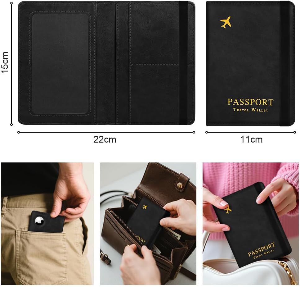 Elegante Reisepasshülle mit AirTag Halterung – Kunstleder, RFID-Blocker, ideal für Damen und Herren – Praktischer Travel Passport Holder in Schwarz
