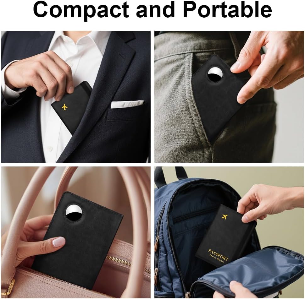 Elegante Reisepasshülle mit AirTag Halterung – Kunstleder, RFID-Blocker, ideal für Damen und Herren – Praktischer Travel Passport Holder in Schwarz