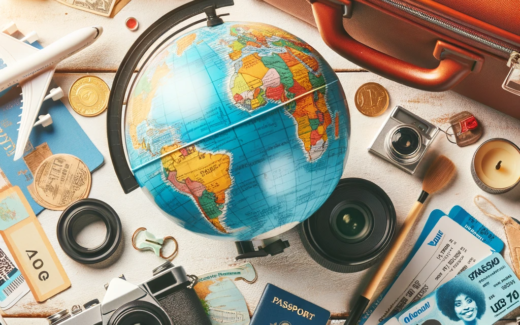 Globe surrounded by travel essentials including passport, tickets, camera, and suitcase.